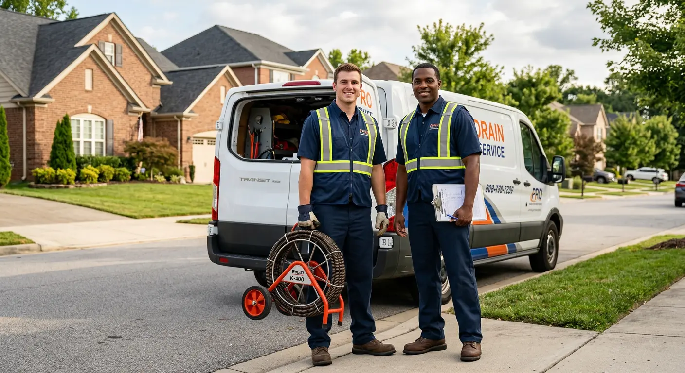 Sewer and drain service team with equipment ready for work in Denison