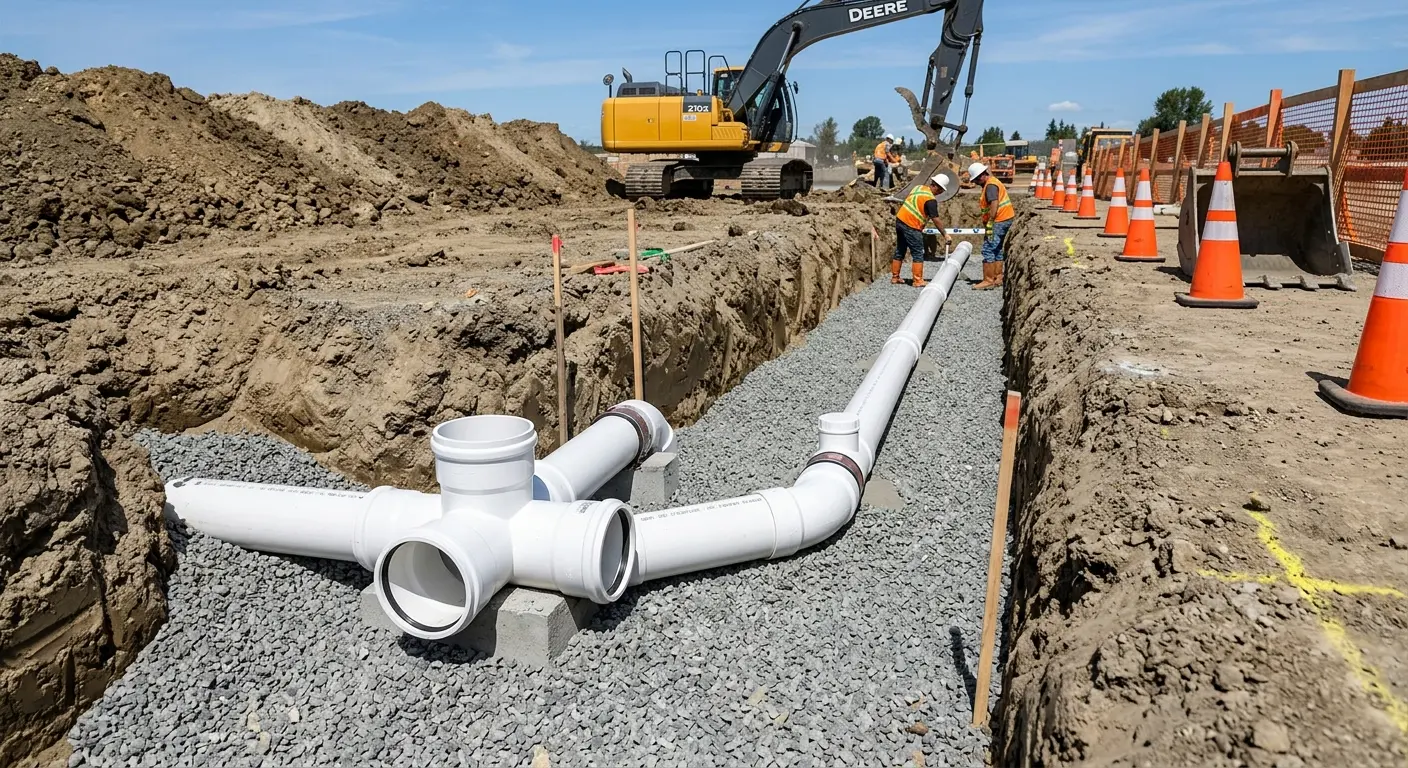 New PVC sewer pipe installation in open trench for Sewer Backup in Denison