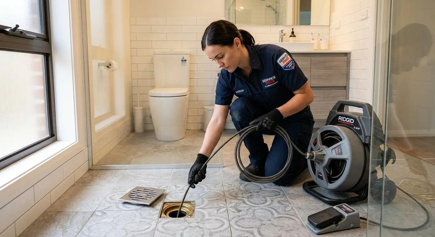 Technician clearing a bathroom floor drain for Drain Cleaning in Denison